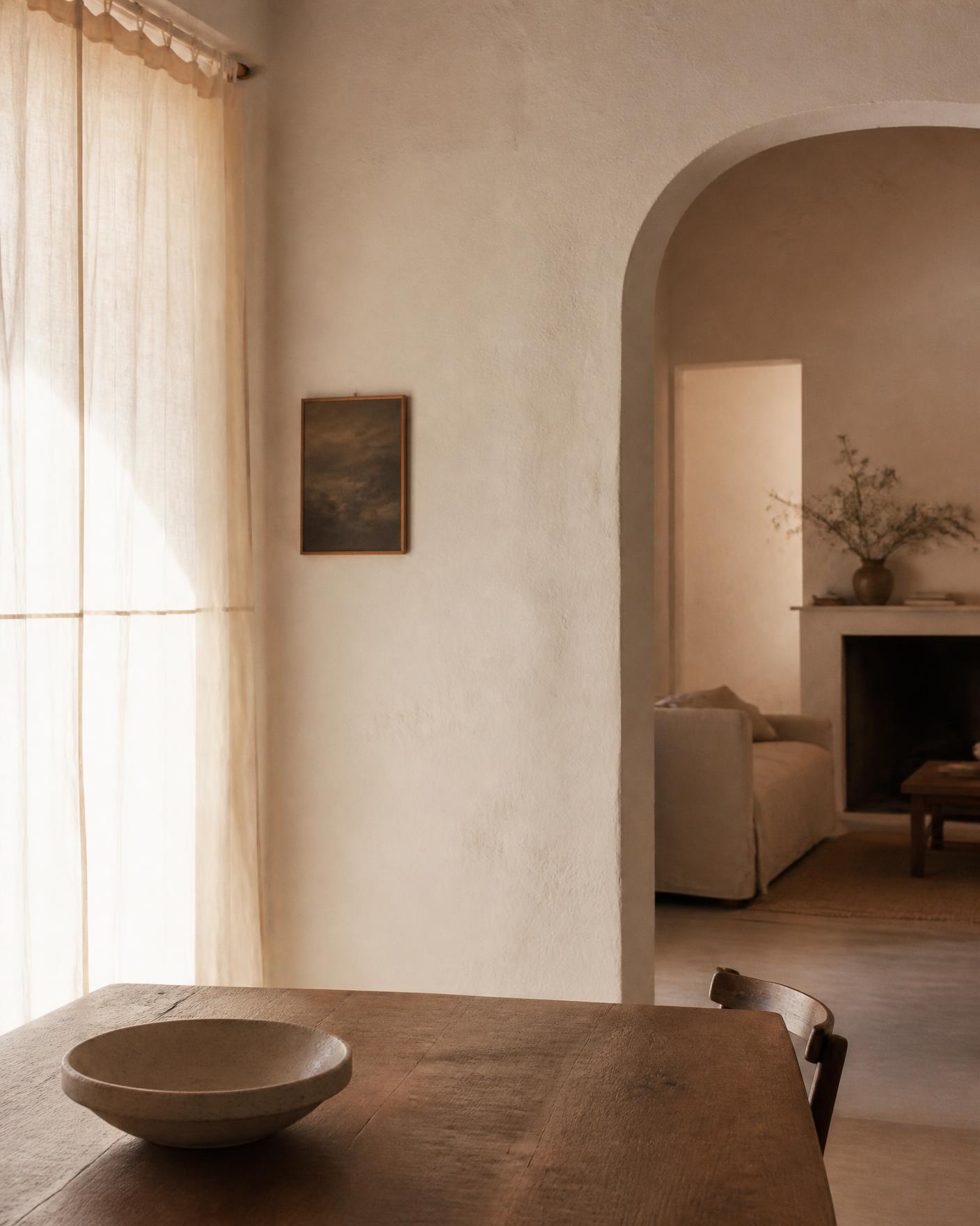 Quiet Mediterranean interior with linen curtains and warm light